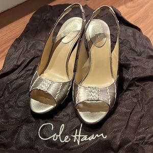 Cole Haan Gold leather sling back peep toe high heel shoe
